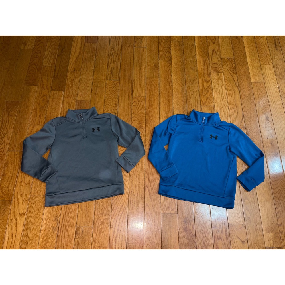 Bundle 2 Under Armour Boys Quarter Zip Pullover Shirts Blue Grey YSM Small